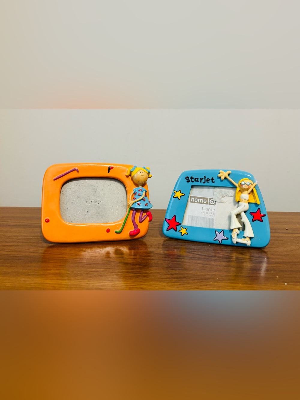 VTG Y2K 2 Whimsical Ceramic Photo Frames 3.5 X 5. Blue & Orange Millennial
